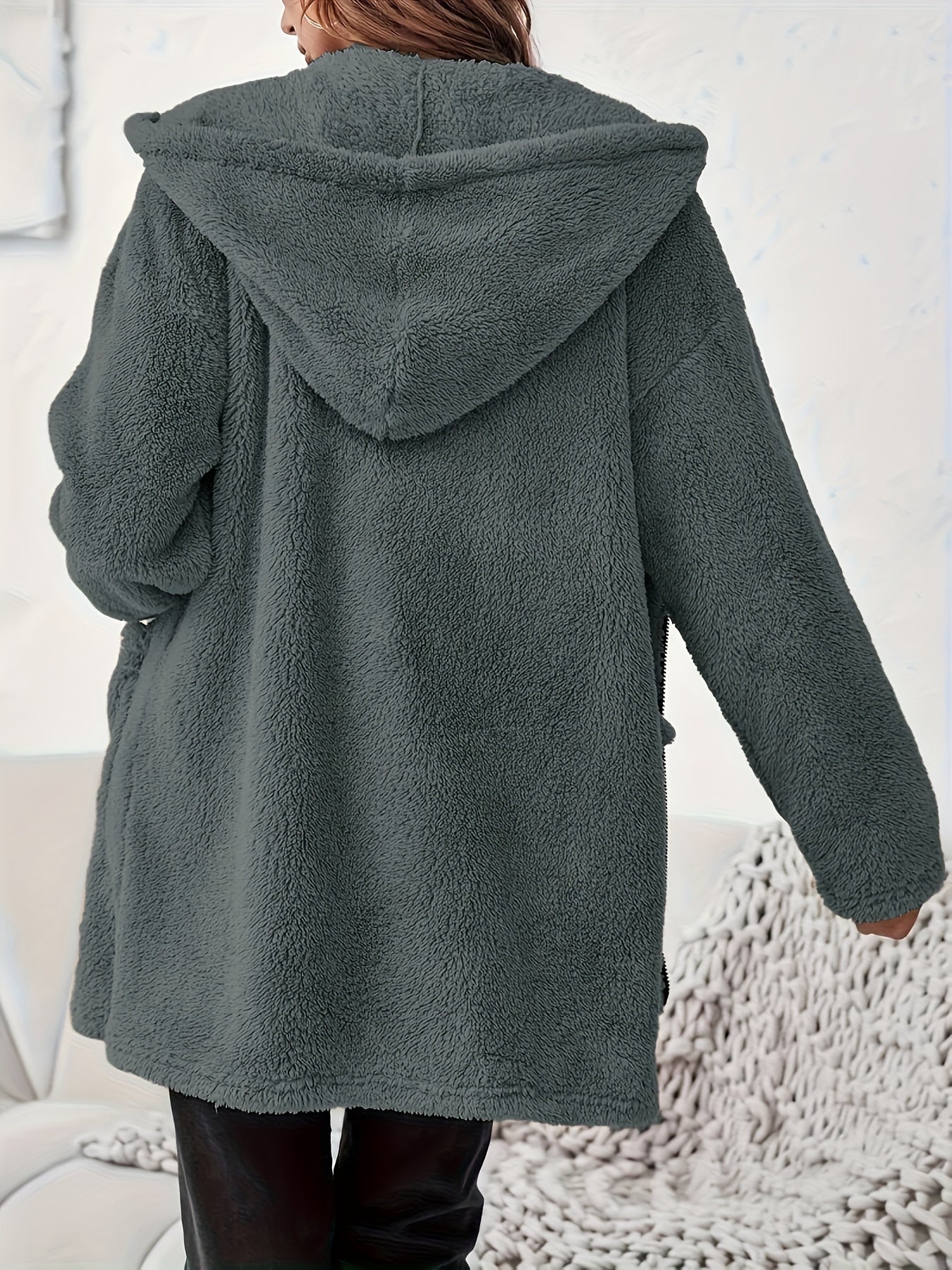 Women's Winter Elegant Solid Color Zipper Patch Pocket Long Sleeve Plush Hooded Coat