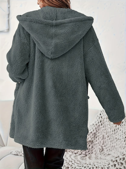 Women's Winter Elegant Solid Color Zipper Patch Pocket Long Sleeve Plush Hooded Coat
