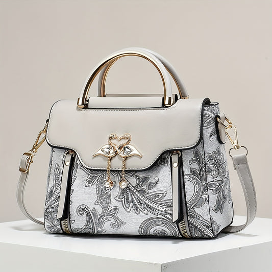 Elegant Floral Print Women'S Handbag - Lightweight Synthetic Tote with Golden-Tone Hardware, Removable Shoulder Strap, and Magnetic Closure, Perfect for Everyday Use, Versatile Tote Bag | Floral Print Bag | Synthetic Bag