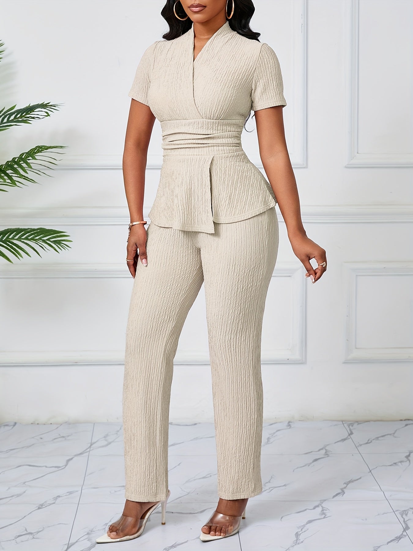 Women's Elegant Casual Solid Color Textured Pants Set