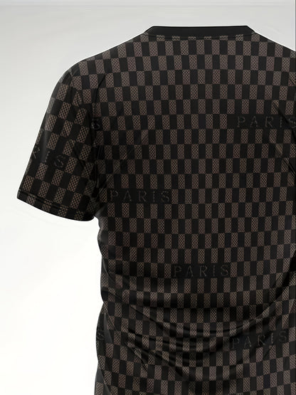 2pcs Men's Summer Casual Outfit: Ink Splash & Checkered Pattern Short Sleeve T-Shirt and Drawstring Shorts Set - Lightweight Polyester, Machine Washable, Ideal for Beach & Casual Attire