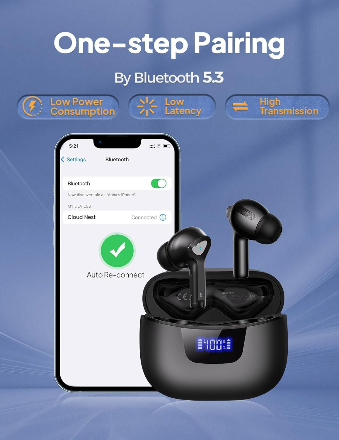 Wireless Earbuds Bluetooth V5.3 Headphones 50H Playback Deep Bass Stereo Ear Buds with LED Power Display Charging Case IPX7 Waterproof Earphones with Mic Headset for Laptop Pad Android/Ios Phones