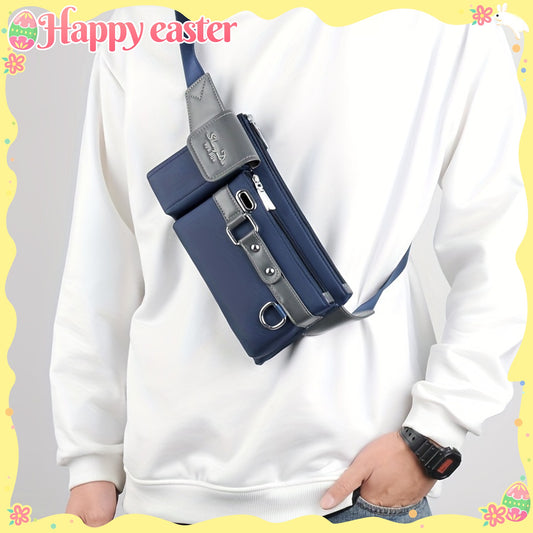 Men‘S Casual Oxford Chest Bag – Multi-Function Phone Bag with Zip Closure, Daily Commute Hollow Design Shoulder Bag with Adjustable 100Cm Strap (No Print)