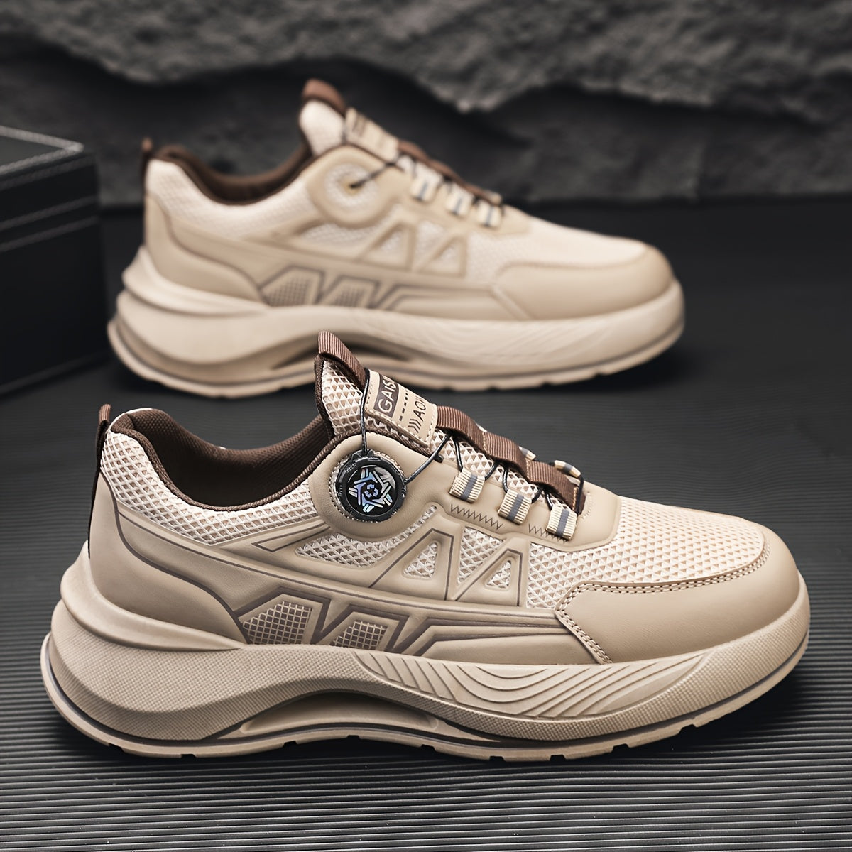 Men's 2025 New Casual Athletic Running Shoes - Thick-Sole Hiking & Basketball Sneakers with Breathable PU/Fabric Upper, Durable PVC Outsole, Beige/Black Colorway for Outdoor, Streetwear & Everyday Comfort, Round Toe Design |