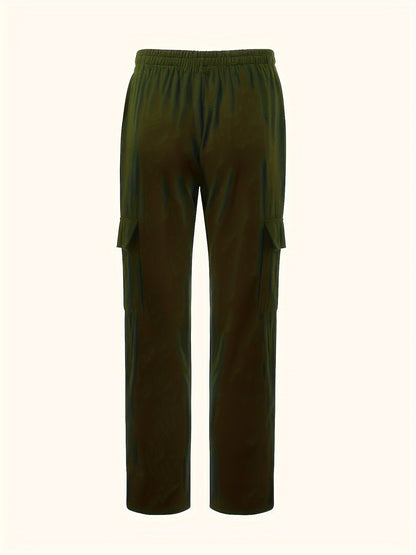 Solid Retro Men's Cotton And Linen Drawstring Long Trousers With Multiple Pockets, Outdoor Daily