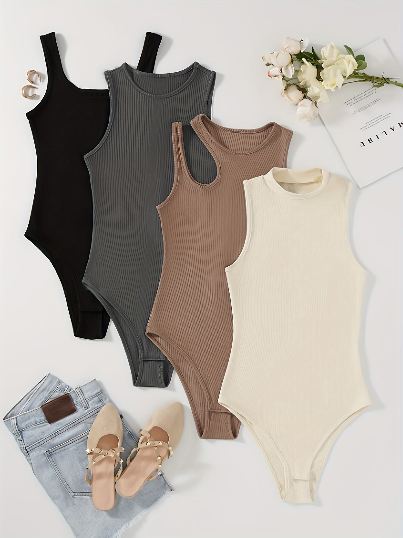 Women's 4pcs Ribbed Knit Bodysuits - Black, Gray, Brown, Beige, Stretchy & Comfortable, Sleeveless One-Piece Swimsuit Style, Machine Washable, All-Season Wear