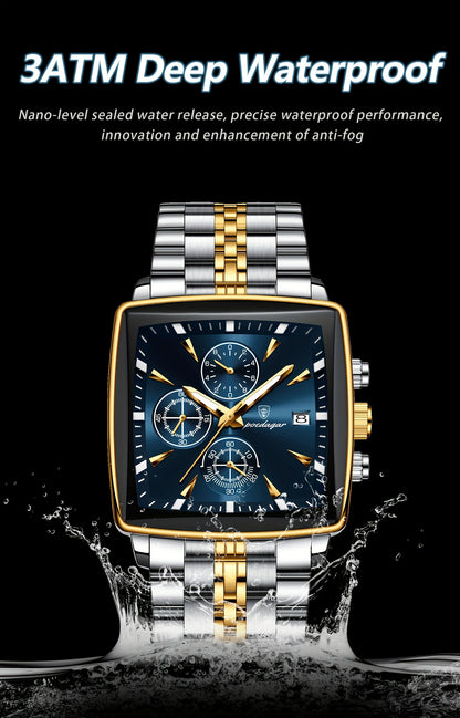 POEDAGAR Men's Stainless Steel Luminous Watch - Blue Dial Chronograph, High Quality Quartz Movement with Date Calendar, Golden-Tone Accents for Business Casual & Casual Attire, Formal Accessory, Stylish Accessory, Refined Cra
