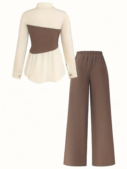 Elegant daily commuting two-piece set for ladies, featuring a color-blocked and pieced-together shirt and wide-leg trousers, suitable for all four seasons and machine washable.