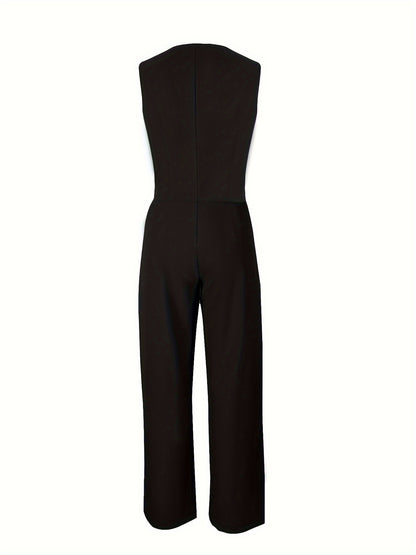 Solid Color Stylish Pantsuits, Button Front Fake Pocket Sleeveless Vest & High Waist Pleated Pants Outfits, Women'S Clothing