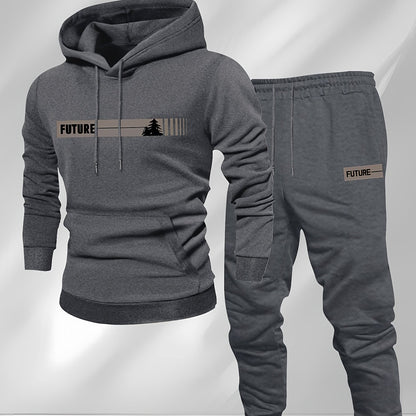 New Autumn and Winter Men's Fleece-Lined Hooded Sweatshirt Set with Print, Long-Sleeve Hoodie and Drawstring Pants for Couples
