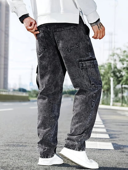 Men's Multi-Pocket Cargo Jeans - Casual Loose Fit Denim with Flap Pockets, Durable Cotton Blend, Ideal for All Seasons, Casual Wear Pants | Classic Blue Jeans | Cotton Blend Jeans