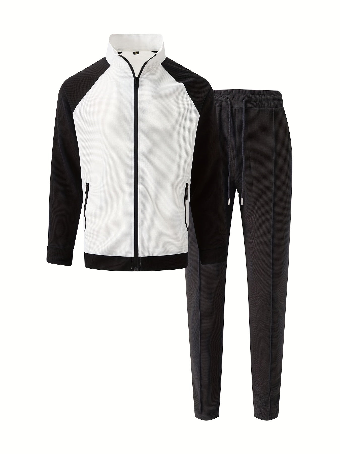 Men's Sporty Color Block Zip-Up Jacket & Joggers Set - Polyester Blend, Perfect for Spring/Fall