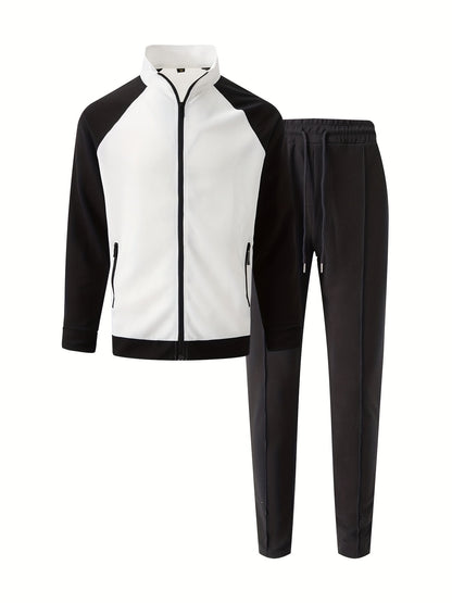 Men's Sporty Color Block Zip-Up Jacket & Joggers Set - Polyester Blend, Perfect for Spring/Fall