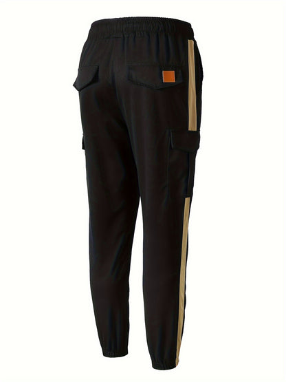 Men's Striped Track Pants With Multi Pockets, Active Drawstring Joggers For Outdoor Activities Gift