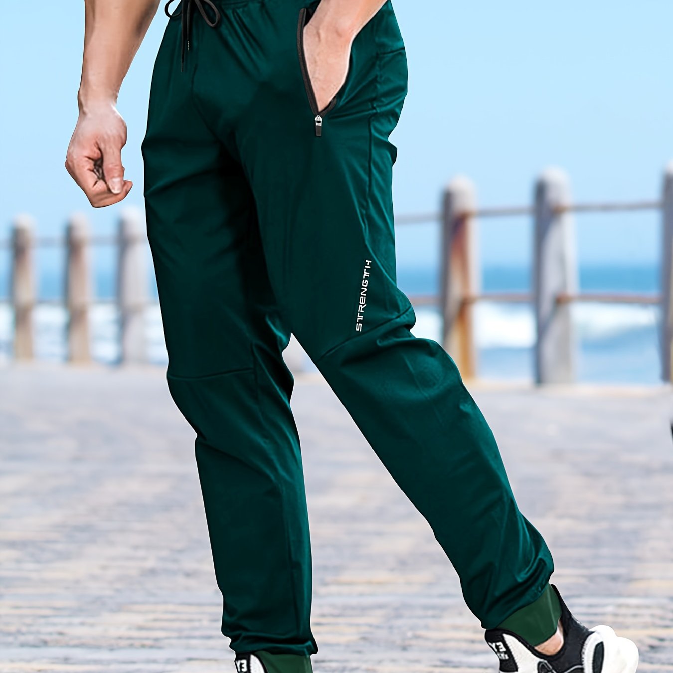 Men's Casual Athletic Pants - Stretch Polyester, Side Zipper Detail, Drawstring Waist, Green Joggers with Pockets for Sports & Leisure