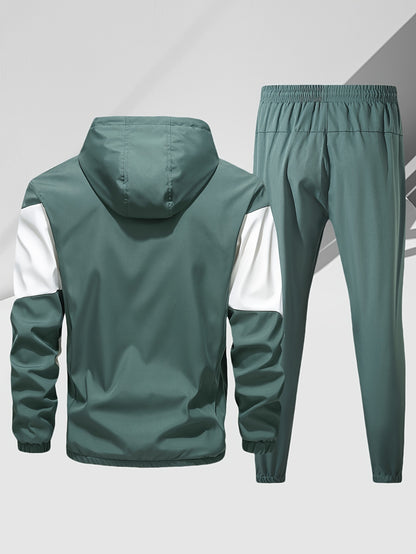 Men's Casual 2-Piece Outfit, Stylish Color Block Zip Up Hooded Jacket, Breathable Solid Color Drawstring Pants