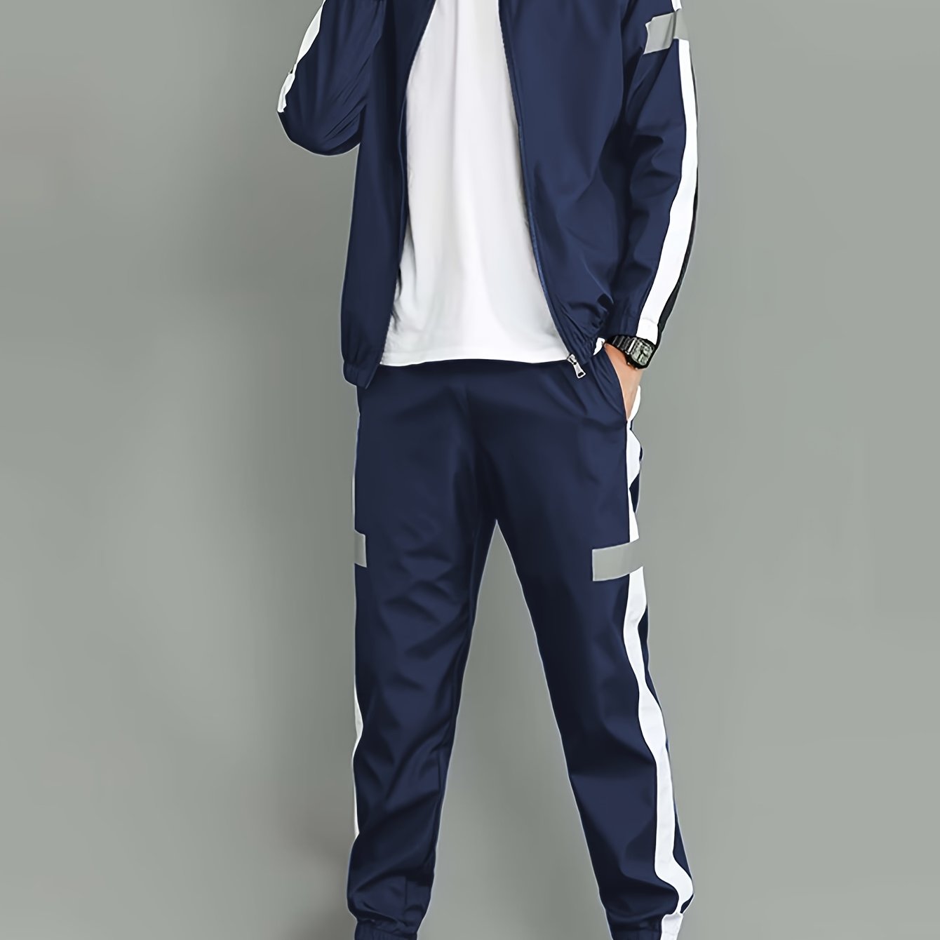 Men's Casual Sportswear Set - Black and White Striped Zip-Up Jacket with Reflective Accents & Matching Joggers, Polyester, Machine Washable, Ideal for Spring & Fall, Jogging Pants