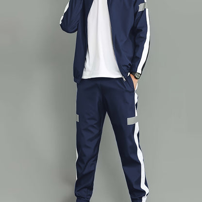 Men's Casual Sportswear Set - Black and White Striped Zip-Up Jacket with Reflective Accents & Matching Joggers, Polyester, Machine Washable, Ideal for Spring & Fall, Jogging Pants