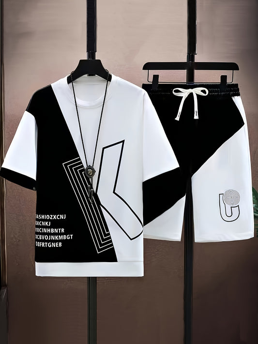 2pcs Summer Casual Sportswear Set for Men, Trendy Fashion Spliced Round Neck Short Sleeve T-Shirt and Drawstring Shorts in Black and White Color Block Design