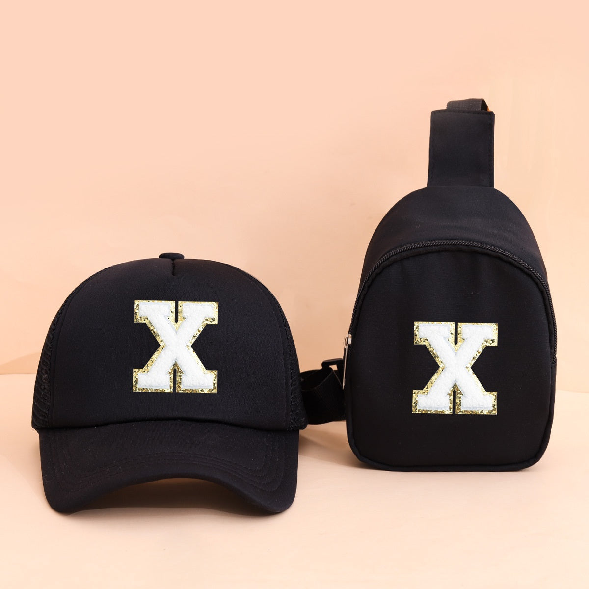 2pcs Kids' Printed Alphabet Pattern Set, Includes 1 Black Stylish Breathable Trucker Hat and 1 Black Crossbody Bag, Lightweight Sun Hat with Small Coin Purse, Suitable for Boys and Girls Aged 5-10 for Daily Outings and Back-t