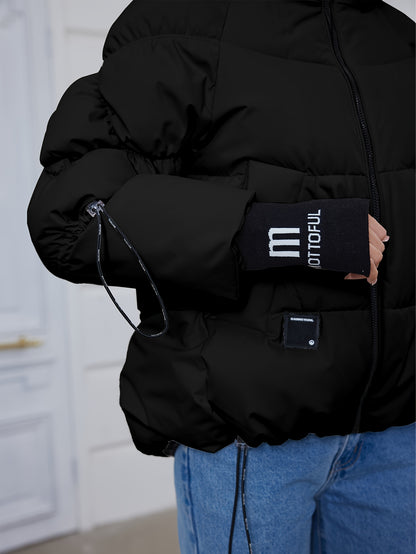 Women's Stylish Beige Puffer Jacket - Casual Warm Winter Coat with Black Trim, Long Sleeves & Zippered Hood, Polyester Fabric for Outdoor Comfort