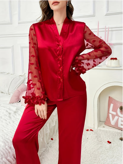 Elegant Women'S Lace-Trimmed Long Sleeve Pajama Set - Vibrant Red V-Neck Loungewear with Floral Lace Detail, Soft Polyester Blend for All Seasons
