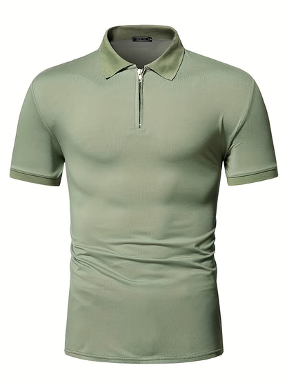 Casual Stretch Men's Solid Color Zipper Lapel Golf Shirt, Male Summer Streetwear