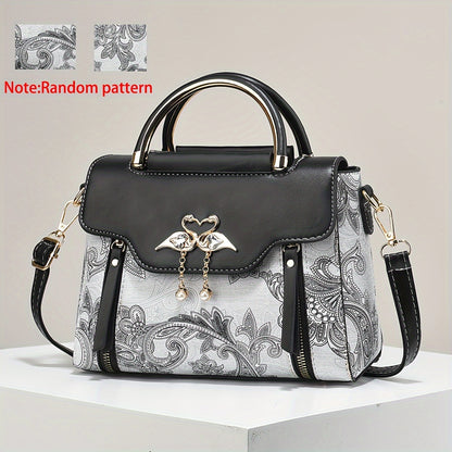 Elegant Floral Print Women'S Crossbody Bag with Magnetic Closure, Adjustable Strap, and Metal Swan Heart Charm, Synthetic Faux Leather Shoulder Purse with Polyester Lining and Painted Edges, Ladies Bag