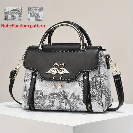 Elegant Floral Print Women'S Crossbody Bag with Magnetic Closure, Adjustable Strap, and Metal Swan Heart Charm, Synthetic Faux Leather Shoulder Purse with Polyester Lining and Painted Edges, Ladies Bag