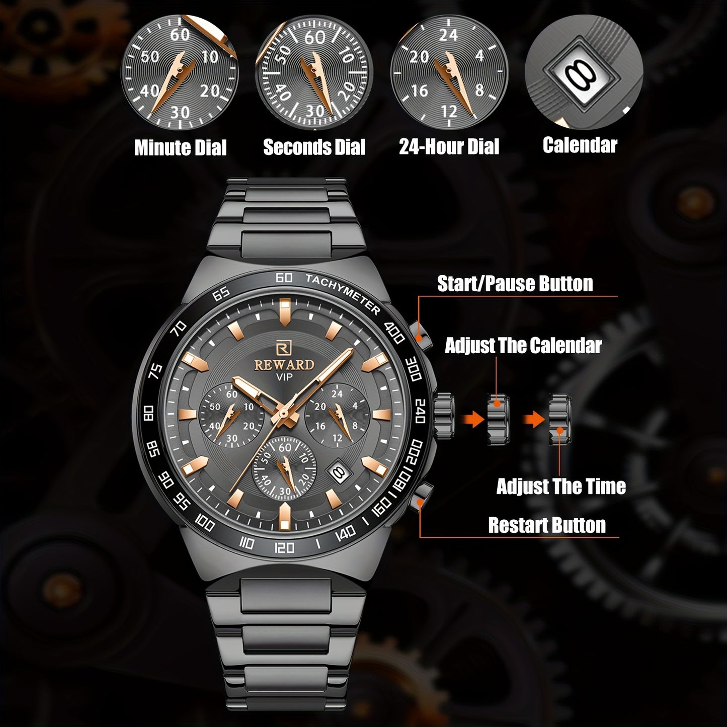 Men's Chronograph Sports Watches with Light, Stainless Steel and Quartz VIP