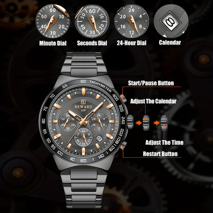 Men's Chronograph Sports Watches with Light, Stainless Steel and Quartz VIP