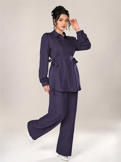 Two-Piece Abaya Set with Wide-Leg Pants, Long Sleeve Design with Back Tie, Suitable for Office and Daily Wear, Soft and Stretchable Fabric, Elegant Middle Eastern Style, Comfortable, Machine Washable, Practical and Stylish