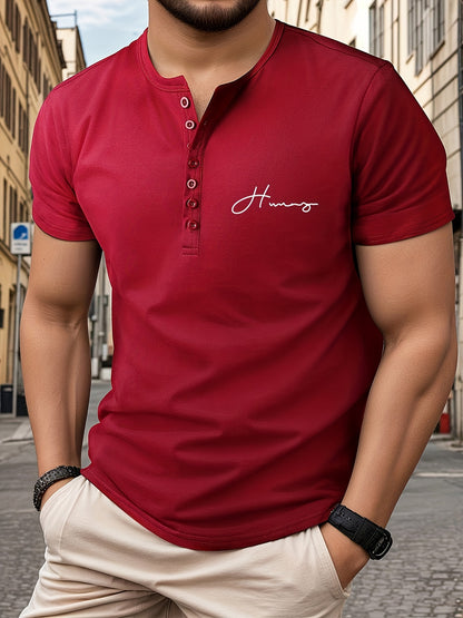 Trendy Letters Print Men's Athletic V-Neck Henley T-Shirt - Short Sleeve Casual Workout Top For Spring Summer Fitness Holiday