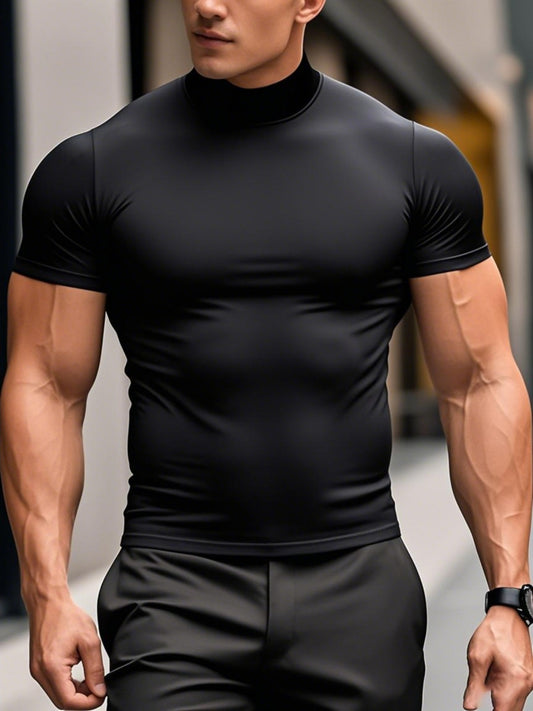 Elastic Men'S Half High Neck Comfortable Casual Simple Short Sleeve T-Shirt - Basic Short Sleeve Top for Men