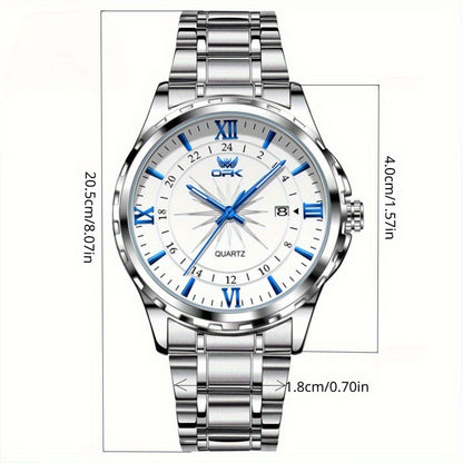 Elegant Luxury Men's Watch with Night Light, Roman Numerals & Date Display - Quartz Movement Stainless Steel Band for Business Casual & Formal Occasions