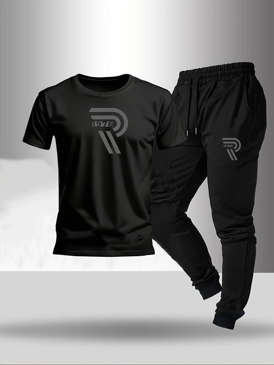 2pcs Set, Men'S Casual Loungewear, Gift, Fashion Print, Round Neck T-Shirt with Drawstring Pants, Outfit