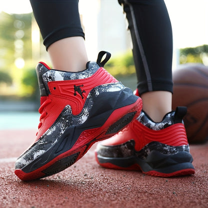 Youth Mid-Top PU Sports Sneakers - Comfortable, Lace-Up Basketball Shoes with Red & Black Design, TPR Sole for Outdoor Training, Running & Casual Wear, Basketball Shoes