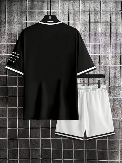 Men's Outfit, Chicago Graphic Print Casual Crew Neck Short Sleeve T-Shirt & Shorts 2-piece Set For Summer Outdoor Activities
