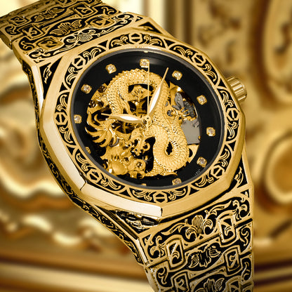 1pc Youth Men's Yellow Steel Strap Business Style Elegant Glow-in-the-Dark Carved Dragon Mechanical Watch