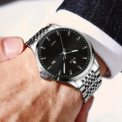 RUIGE Men's Sleek Quartz Watch - Stainless Steel Band, Simple Design with Date Display & Night Light Feature, Casual Wristwatch for Casual Attire