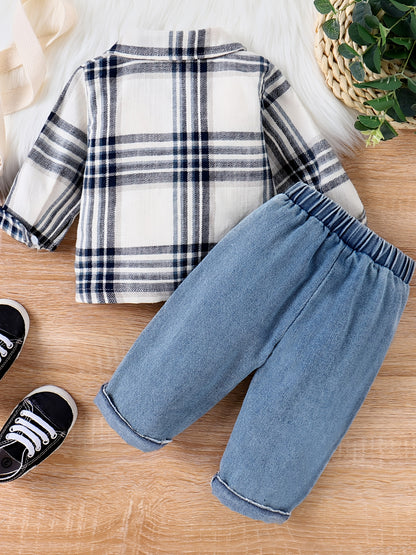 PatPat 2pcs Baby Boy Casual Patch Pocket Plaid Long-sleeve Lapel Collar Shirt and Jeans/Denim Pants Set For Spring & Autumn/Fall
