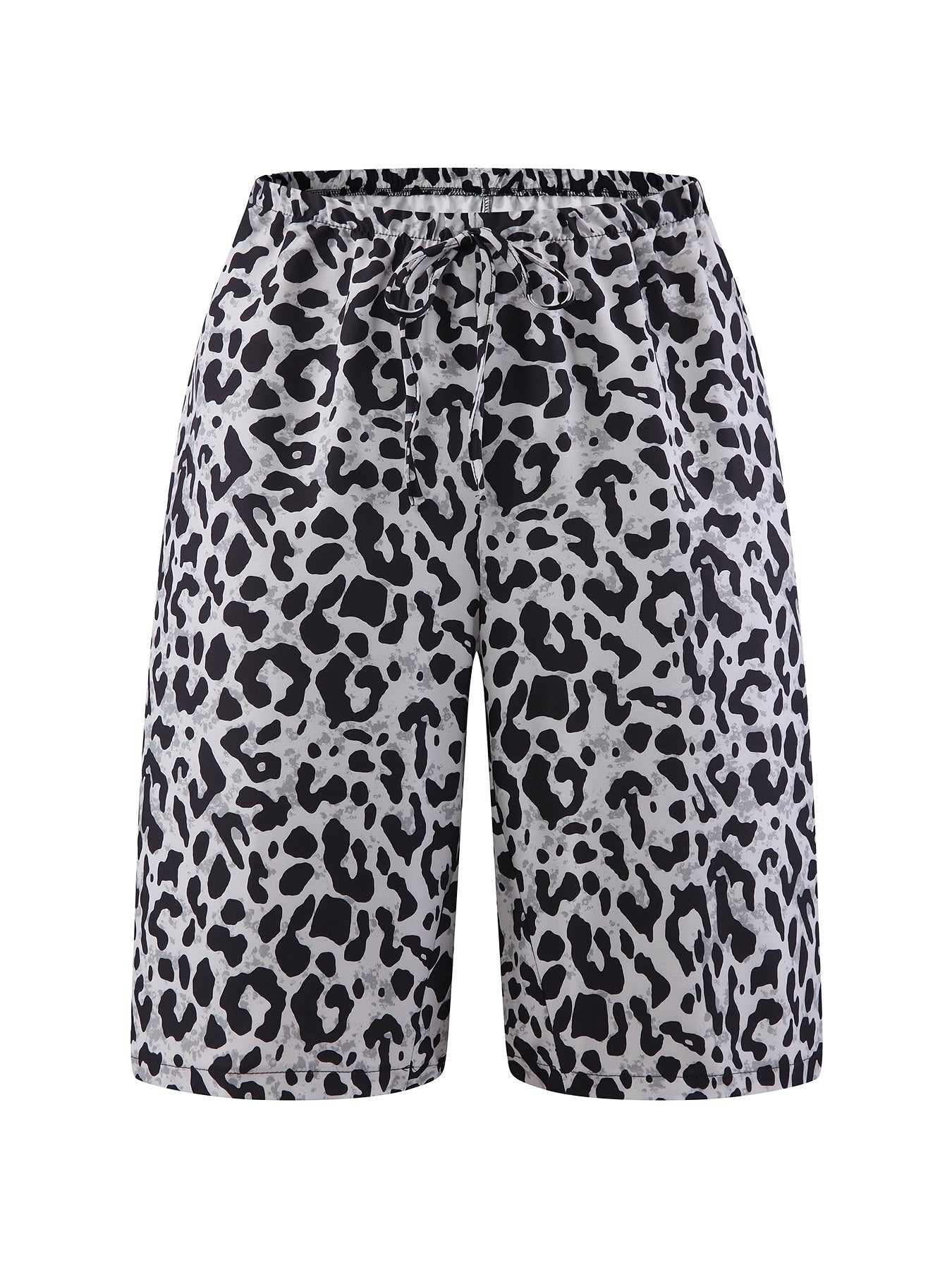 Women's Plus Size Leopard Print Wide-Leg Beach Shorts - Casual Vacation Style, High-Rise with Faux Drawstring, Lightweight Polyester, Black & Gray Animal Pattern, Perfect for Summer Outings, Beachwear Shorts | Tropical Vacati