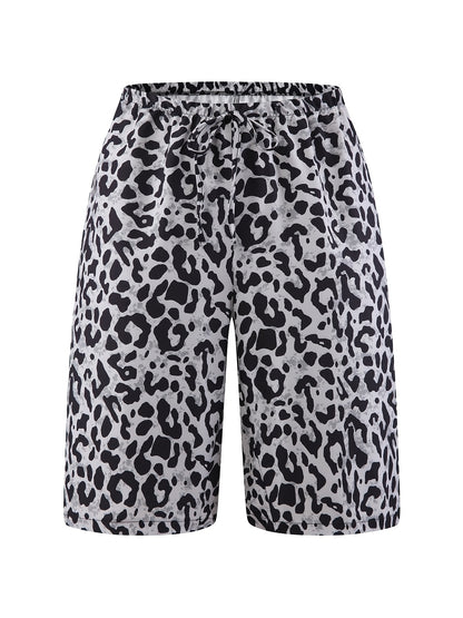 Women's Plus Size Leopard Print Wide-Leg Beach Shorts - Casual Vacation Style, High-Rise with Faux Drawstring, Lightweight Polyester, Black & Gray Animal Pattern, Perfect for Summer Outings, Beachwear Shorts | Tropical Vacati
