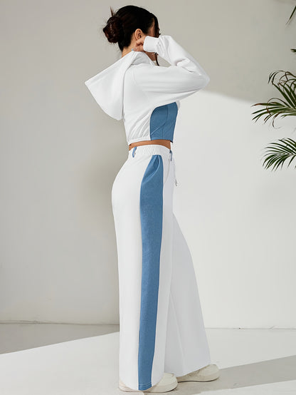 Women'S Stylish Two-Piece Set - Blue & Black Zip-Up Hoodie with Pockets, Long Sleeve Crop Top, and Wide-Leg Pants, Perfect for Spring/Fall, Casual Elegance, Casual Attire|Modern Casualwear|Zippered Hoodie