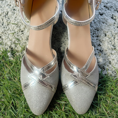 Spring and Summer Fashionable Women's High Heels, Comfortable Thick-Heeled Buckle Sandals, Golden and Silvery Wedding Party High Heels
