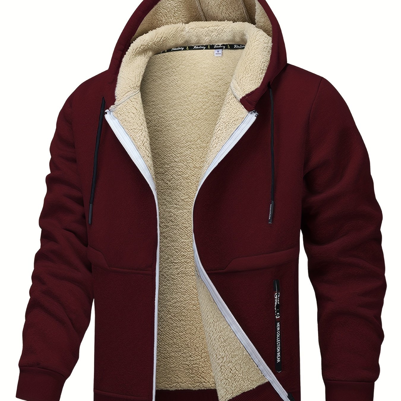 1pc Men'S Casual Style Hooded Jacket, Thick Fleece Lined, Warm Autumn/Winter Fashion, Solid Color, Polyester Knit with Pockets, Regular Fit