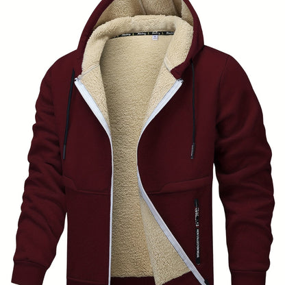 1pc Men'S Casual Style Hooded Jacket, Thick Fleece Lined, Warm Autumn/Winter Fashion, Solid Color, Polyester Knit with Pockets, Regular Fit