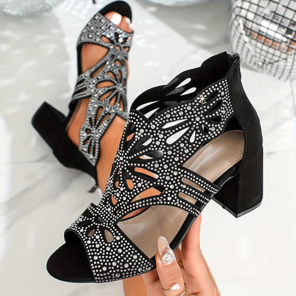 Elegant Black Floral Cut-Out High Heel Sandals for Women - Round Toe Block Heel with Zipper Closure, Ankle Strap, and Rhinestone Embellishments, Perfect for Parties and Formal Events, Formal Footwear | Floral Embellished Shoe