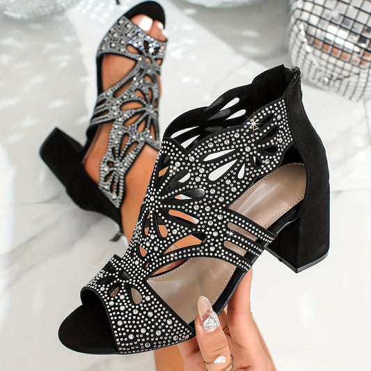 Elegant Black Floral Cut-Out High Heel Sandals for Women - Round Toe Block Heel with Zipper Closure, Ankle Strap, and Rhinestone Embellishments, Perfect for Parties and Formal Events, Formal Footwear | Floral Embellished Shoe