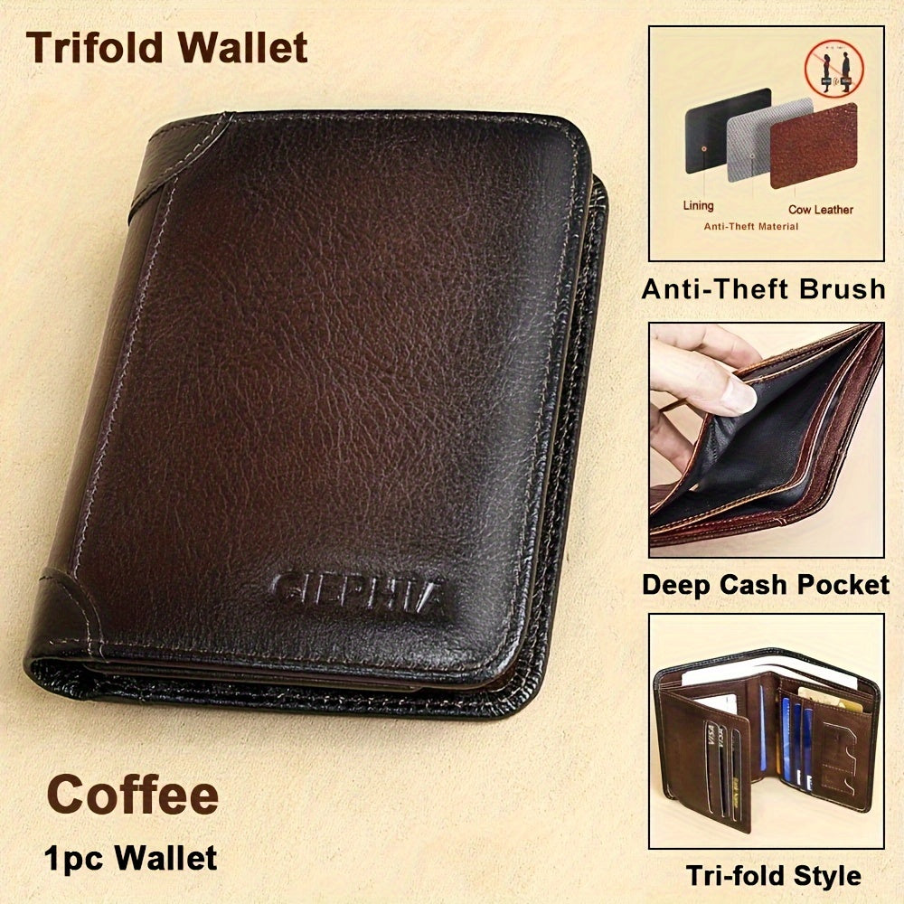 1pc CIEPHIA Vintage Genuine Leather RFID Blocking Wallet for Men - Slim, Multi-Functional ID & Credit Card Holder, Deep Brown with Embossed Logo, Ideal Gift for Valentine's Day